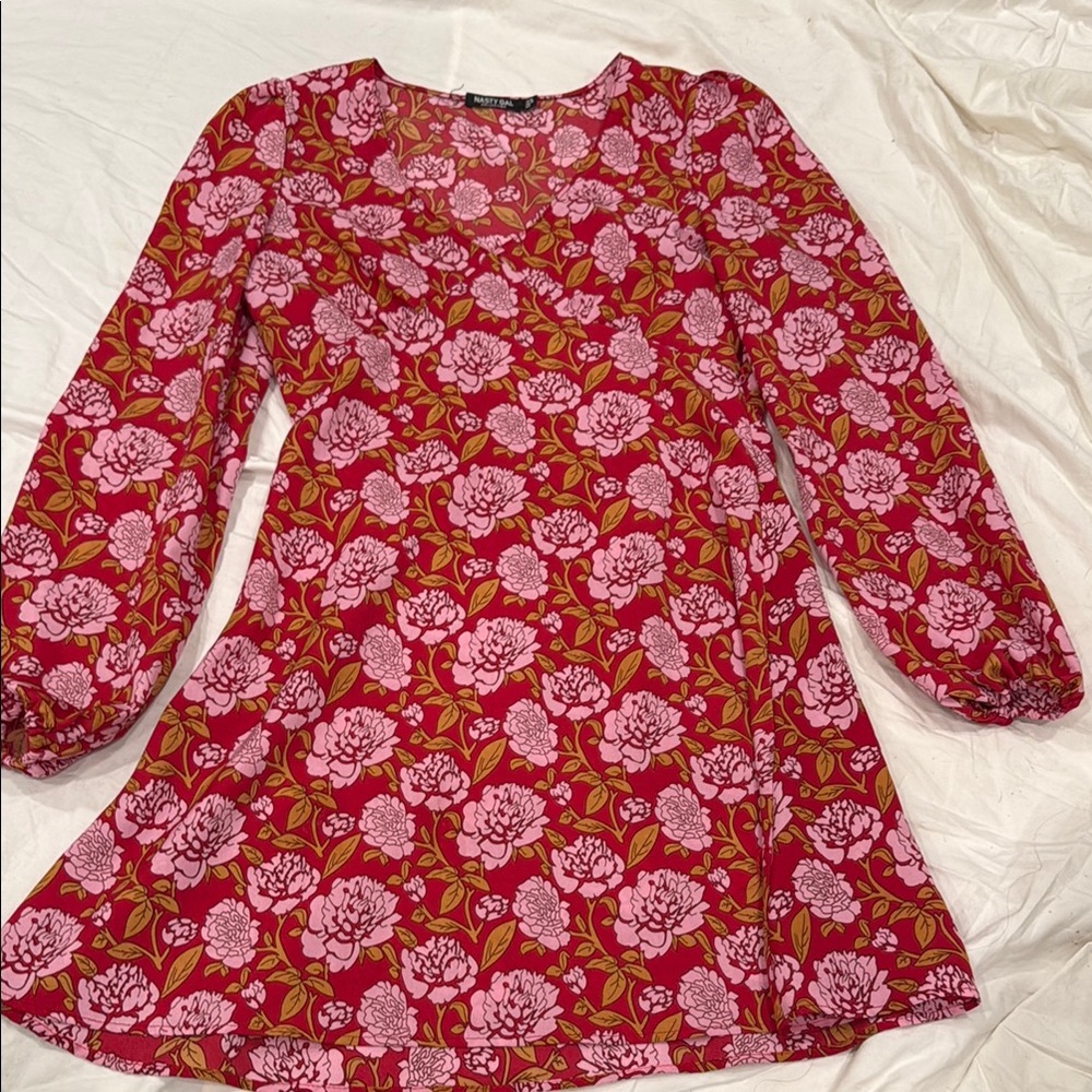 Nasty Gal Red and Pink Floral Long Sleeve Dress